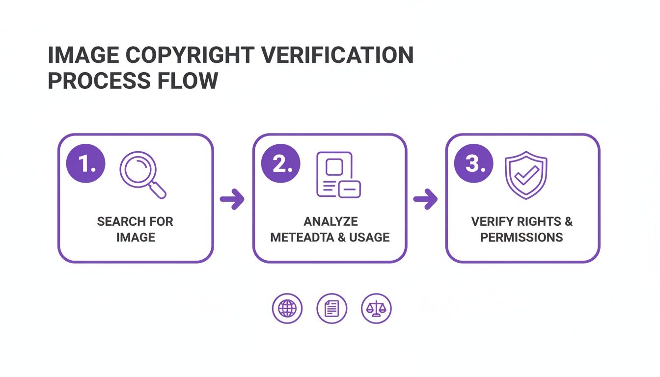 Process flow for image copyright verification: search, analyze metadata, and verify rights and permissions.