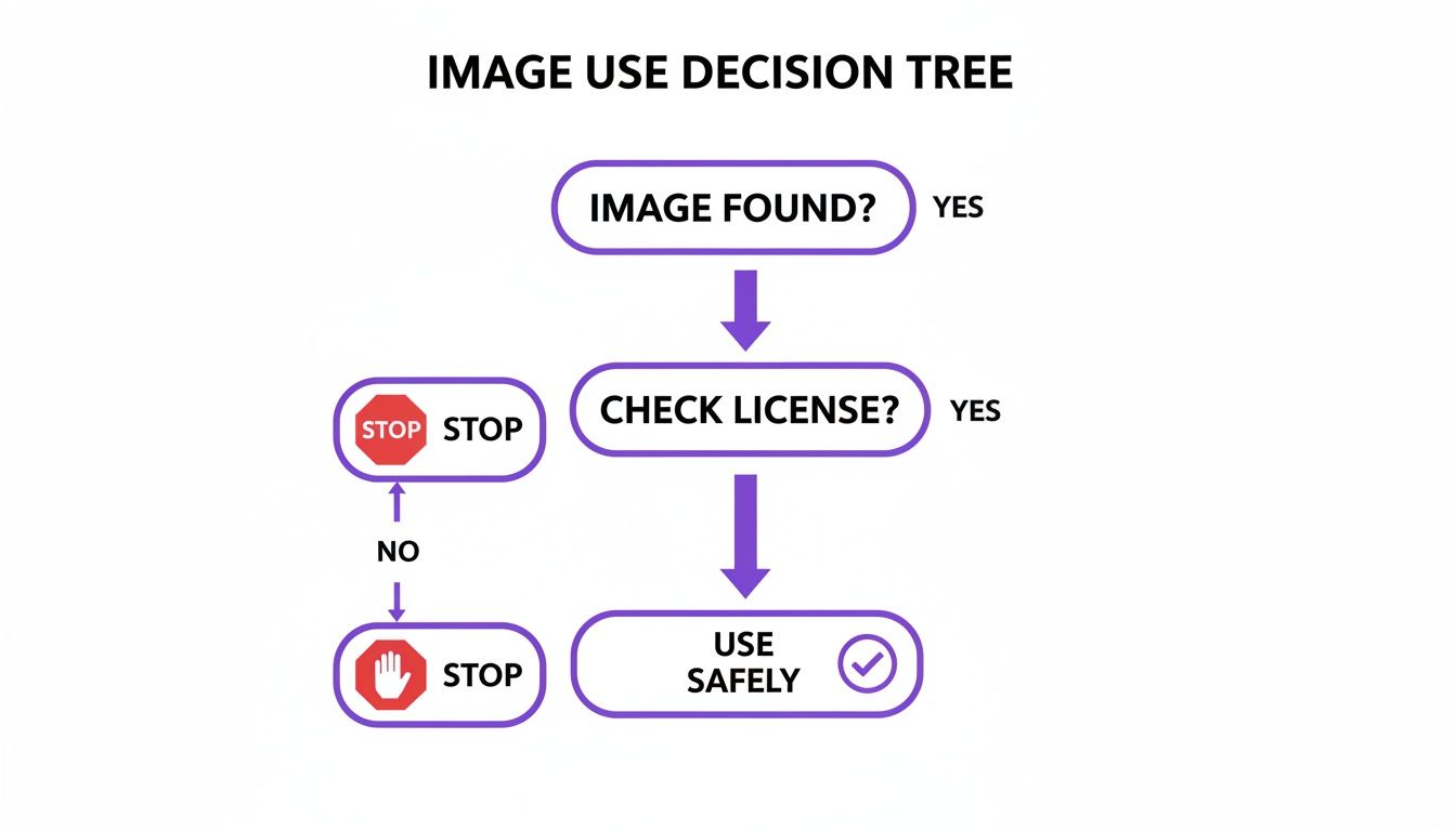 Flowchart illustrating a decision tree for image use, including license checks for safe usage.