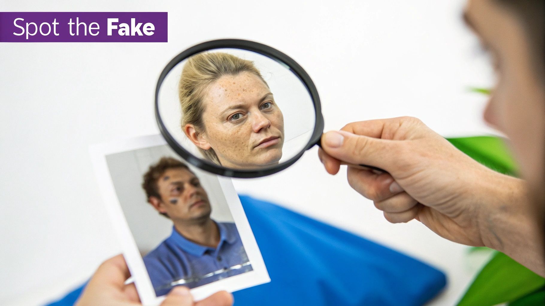 A hand holds a magnifying glass over a photo of a man, reflecting a woman's face.