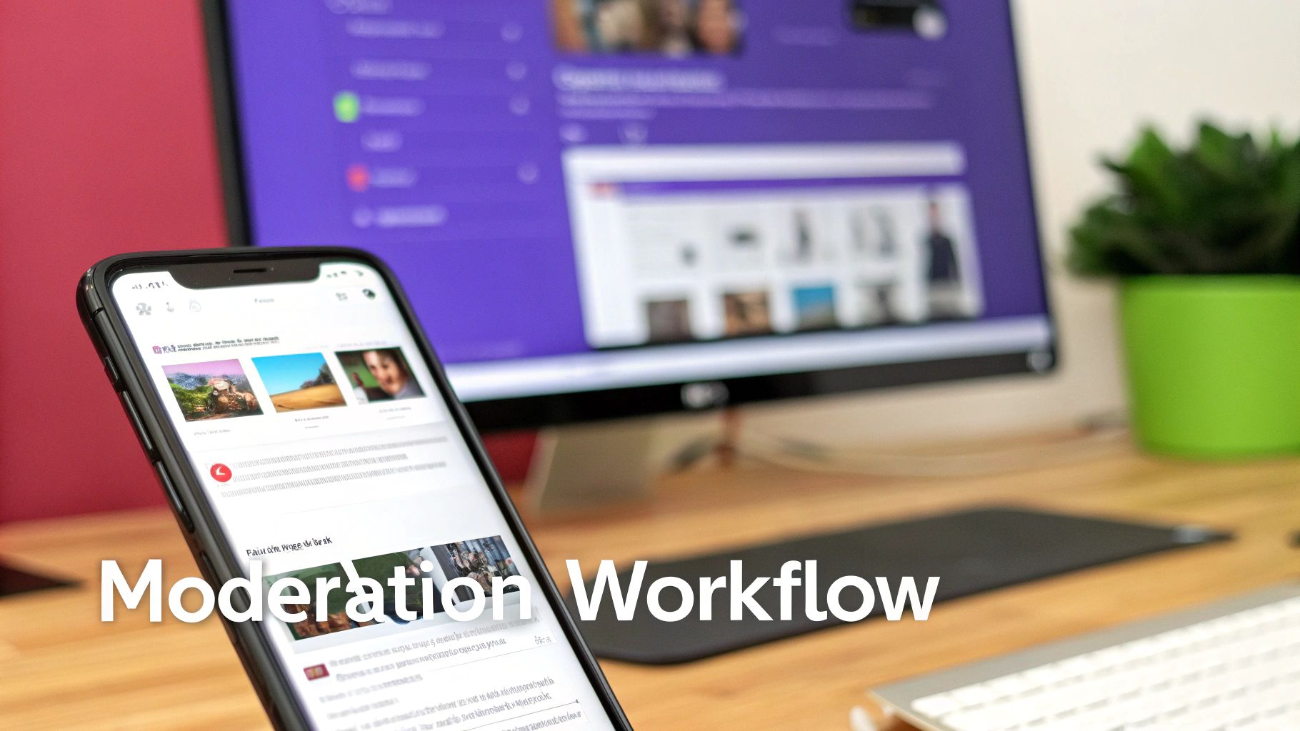 A smartphone showing content, with a blurred desktop monitor in the background, illustrating a content moderation workflow.
