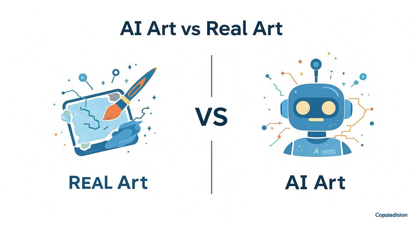 A visual comparison of AI art (robot) versus real art (paintbrush on tablet) with connecting lines.