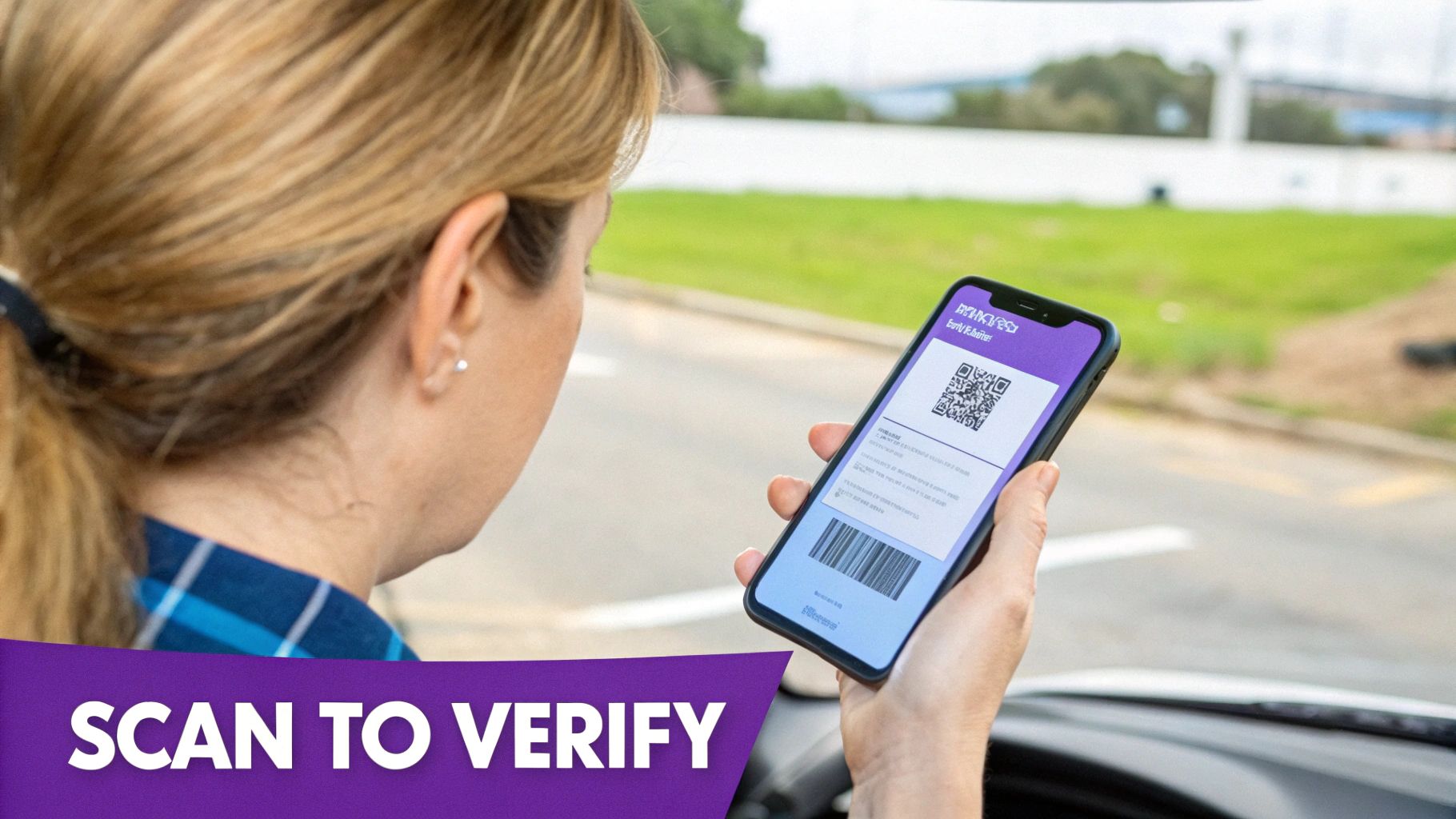 Person holding a smartphone displaying a digital driving ID with a QR code and barcode, with 'Scan to Verify' banner.