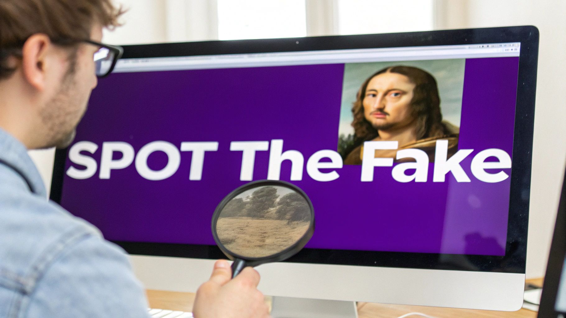 A person closely examining a digital image on a screen for signs of AI generation