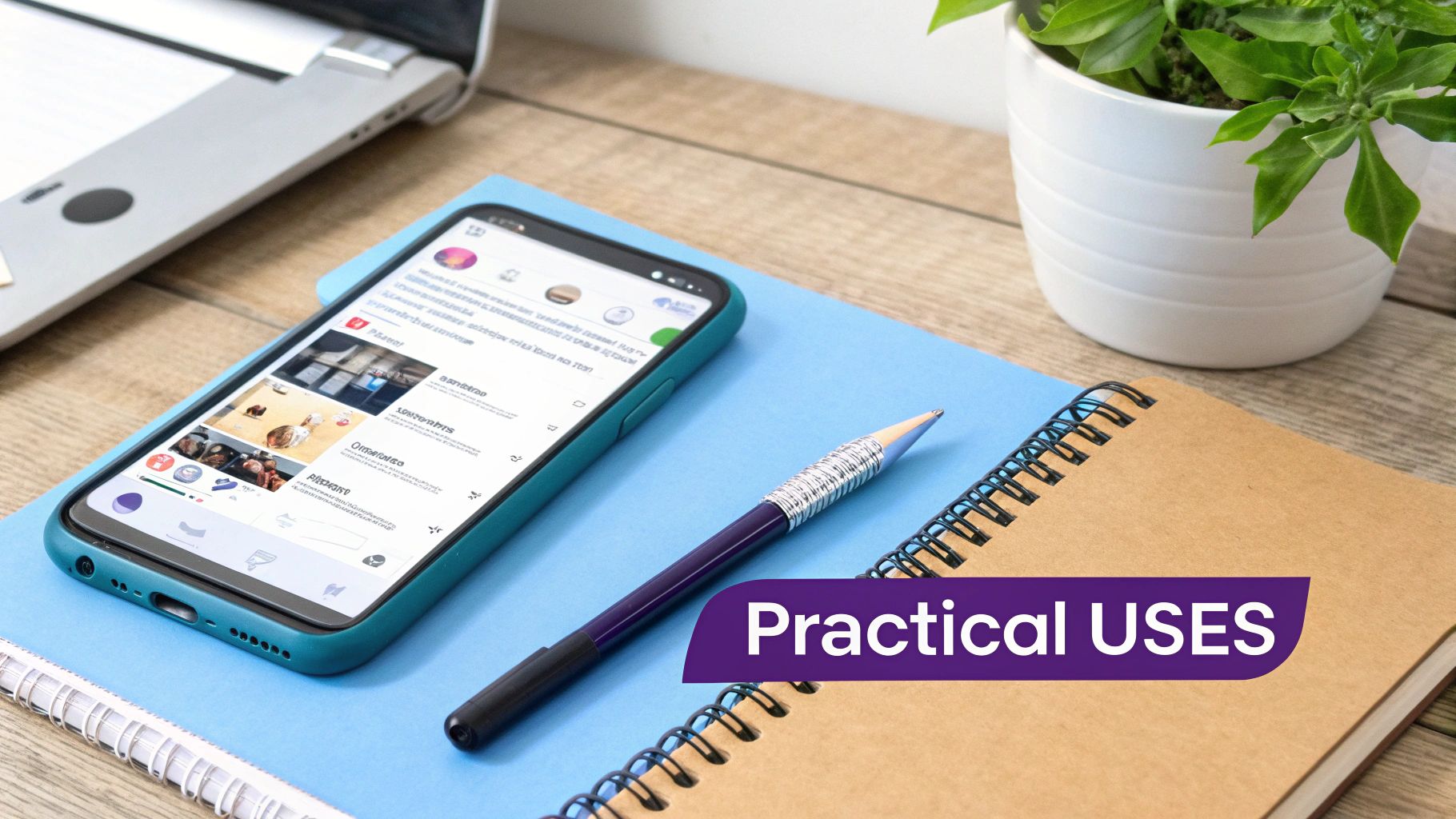 A person at a desk with three holographic screens showing code, a blog post, and a student's essay, representing different applications of AI.