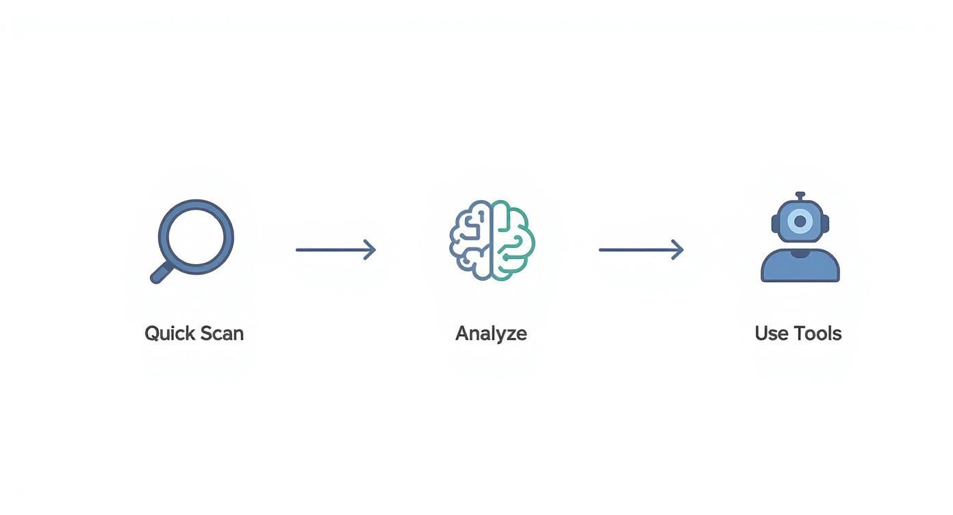Flowchart showing a three-step AI process: Quick Scan, Analyze (brain), and Use Tools (robot).