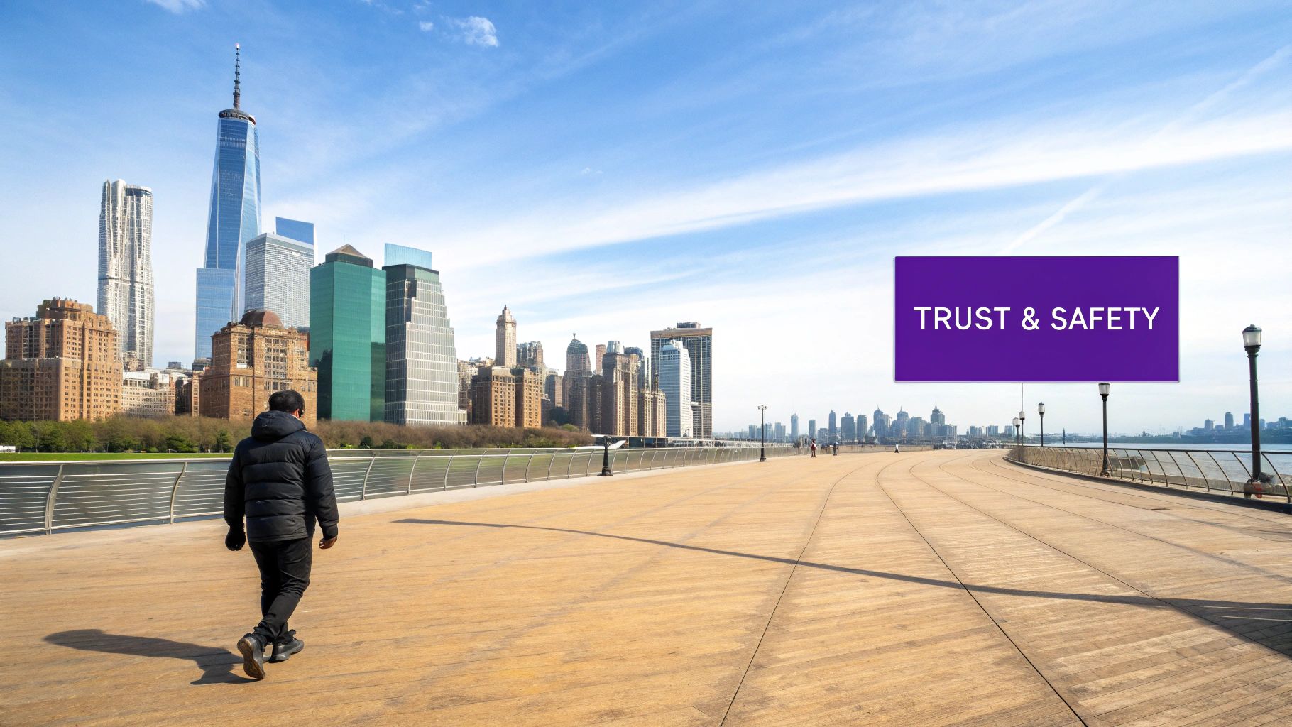 A man walks along a waterfront promenade with a city skyline and a large 'TRUST & SAFETY' sign.