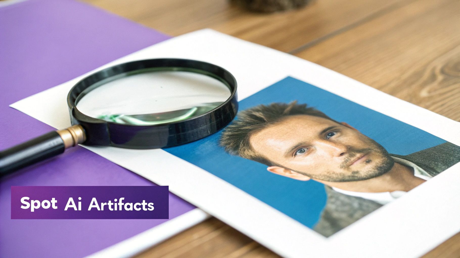 A magnifying glass lies over a printed photo of a man, suggesting analysis of AI artifacts.