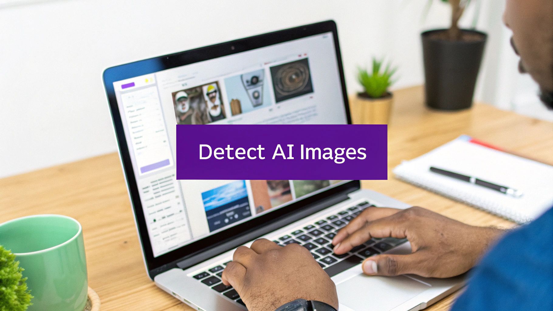 A person is typing on a laptop, with a purple banner on the screen that reads 'Detect AI Images'.