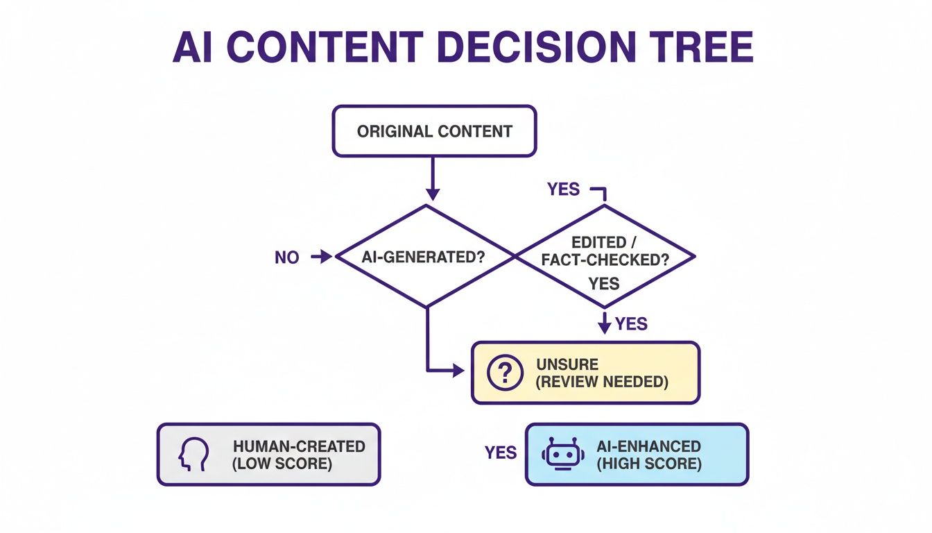 A decision tree flowchart for classifying original content as human-created, AI-generated, or AI-enhanced.