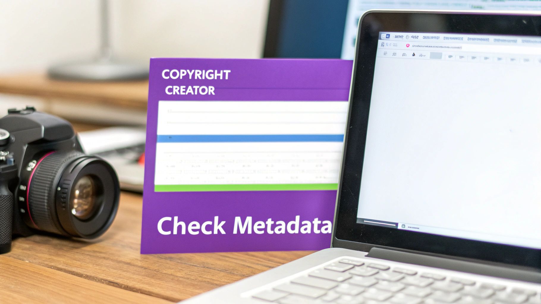 A digital camera, laptop, and a 'Copyright Creator Check Metadata' sign on a wooden desk.