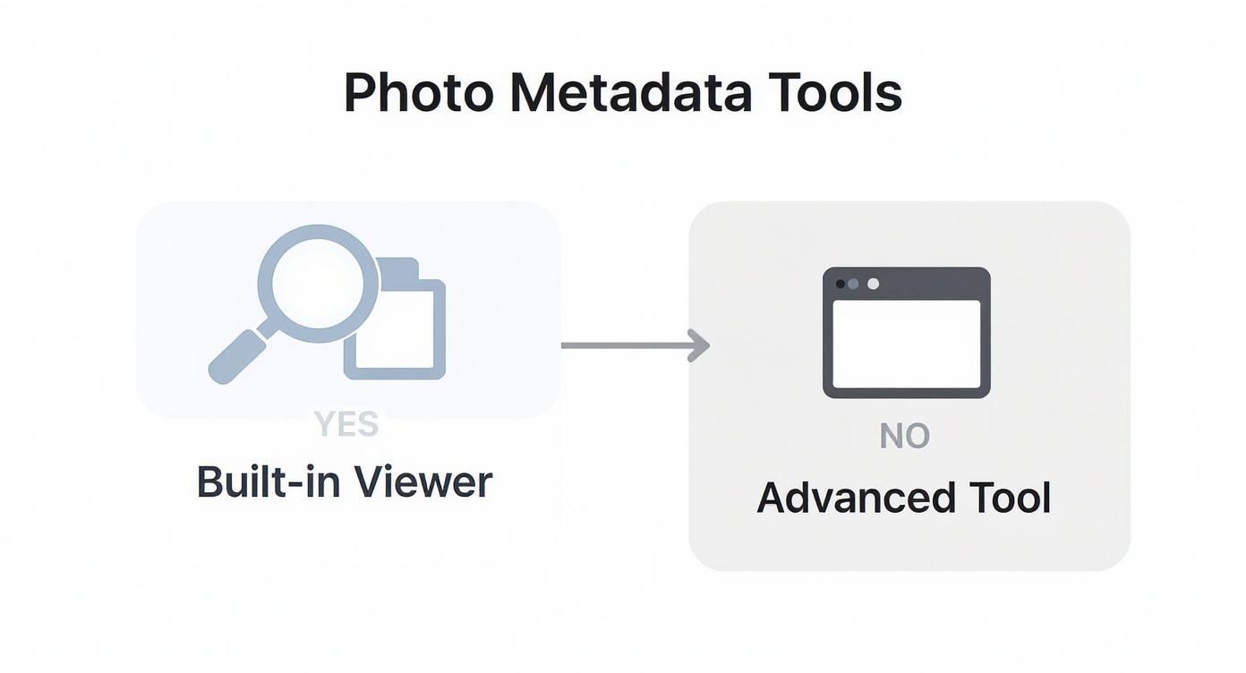 Diagram showing built-in photo metadata viewer (yes) versus an advanced metadata tool (no).