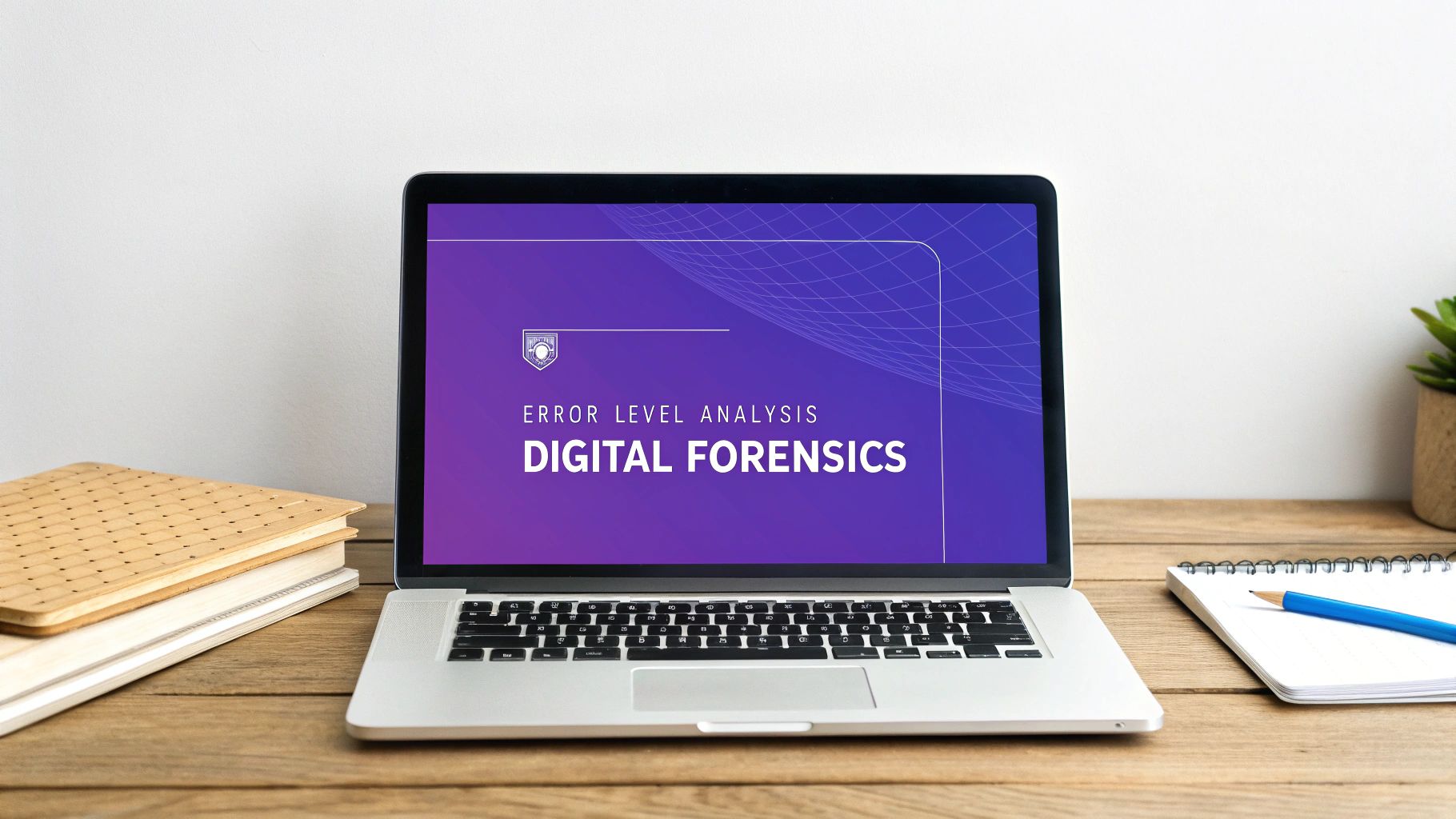 A laptop displaying 'ERROR LEVEL ANALYSIS DIGITAL FORENSICS' on a wooden desk with books and a notepad.