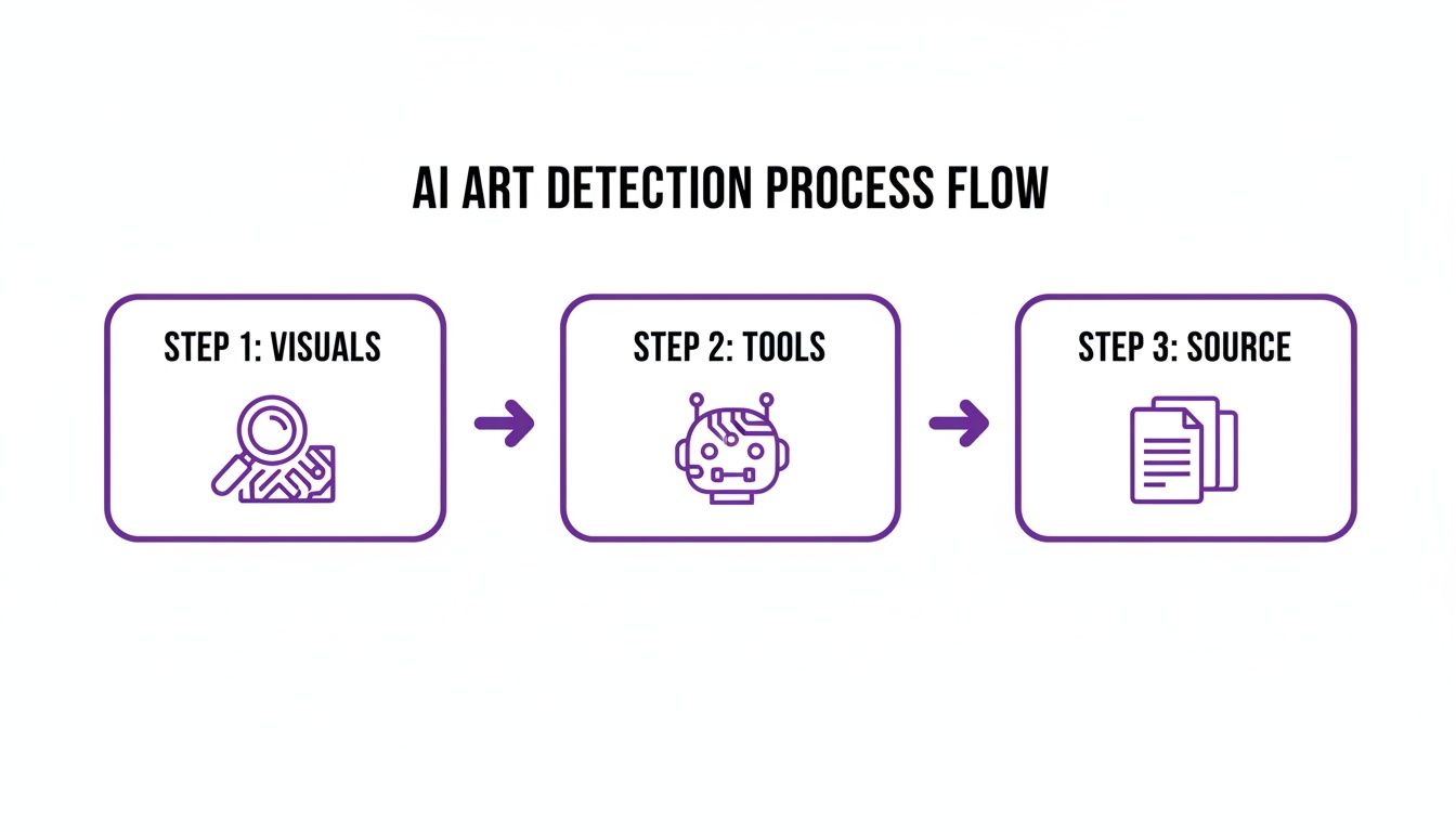 A flowchart detailing the AI art detection process, outlining steps for visuals, tools, and source.