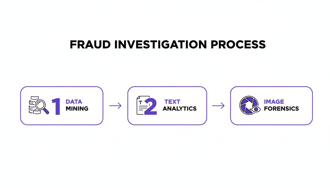 A diagram illustrating the fraud investigation process with steps: data mining, text analytics, and image forensics.