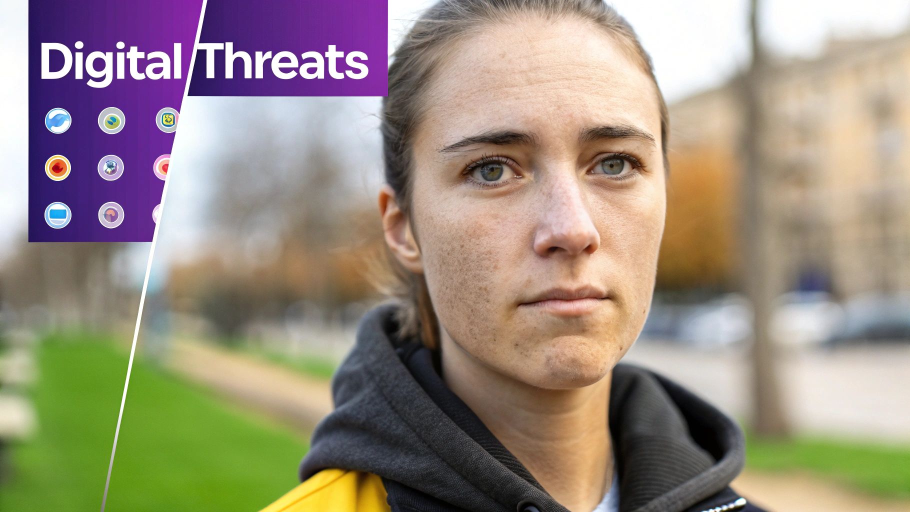 Close-up of a serious woman with a 'Digital Threats' banner and various app icons.