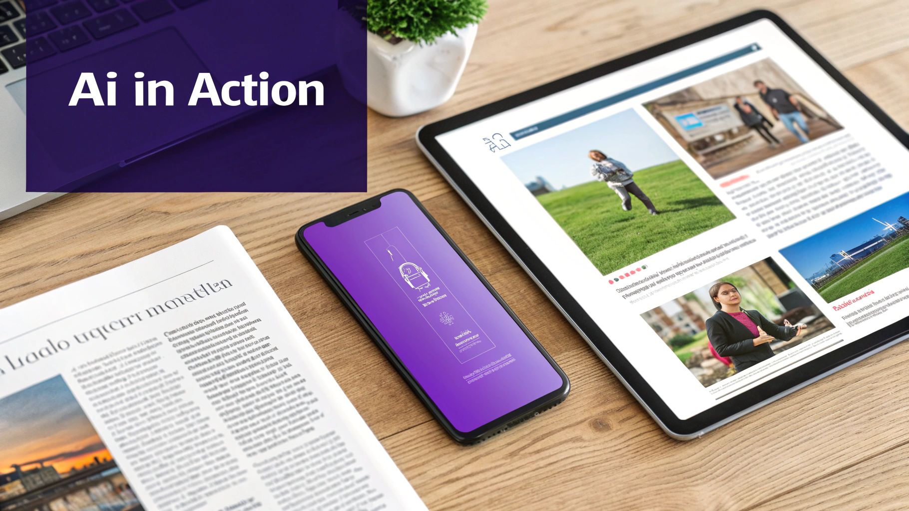 A designer working on a tablet with AI-generated art styles floating around them.