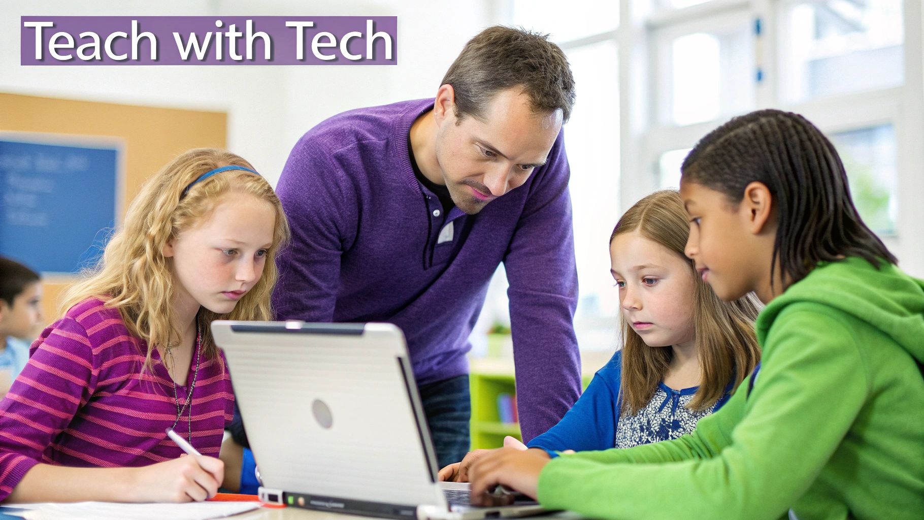 A male teacher supervises three female students using a laptop and writing in a classroom.