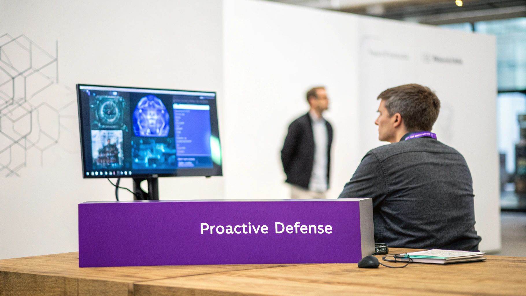 A man sits at a wooden table with a 'Proactive Defense' sign, looking at a monitor displaying data.