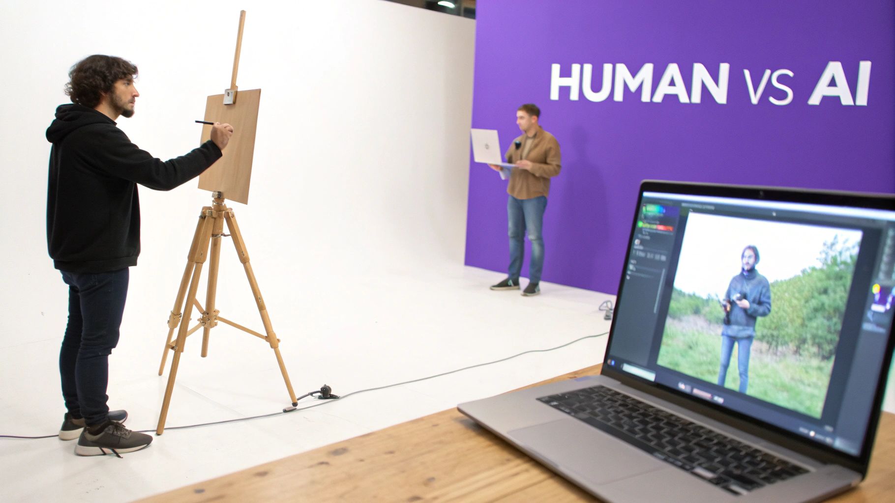 A studio scene with a man drawing on an easel and 'HUMAN VS AI' text on a purple wall.