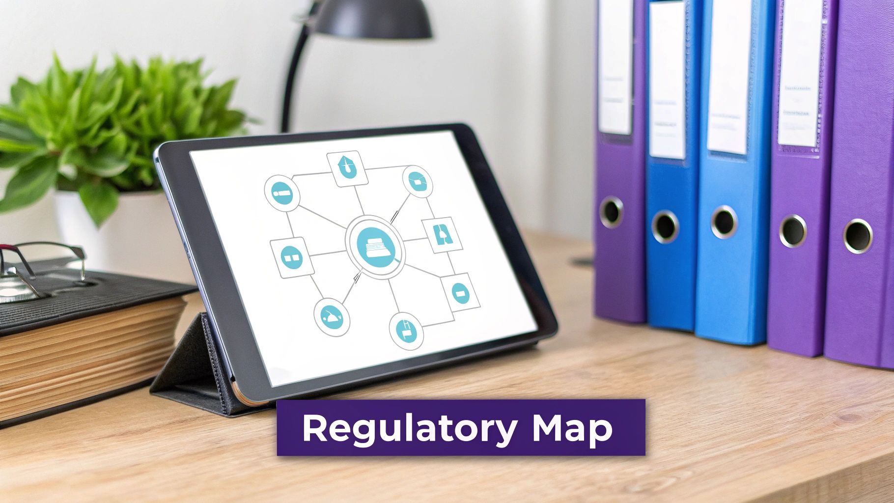 A tablet displaying a regulatory map diagram on a wooden desk with office binders and a plant.