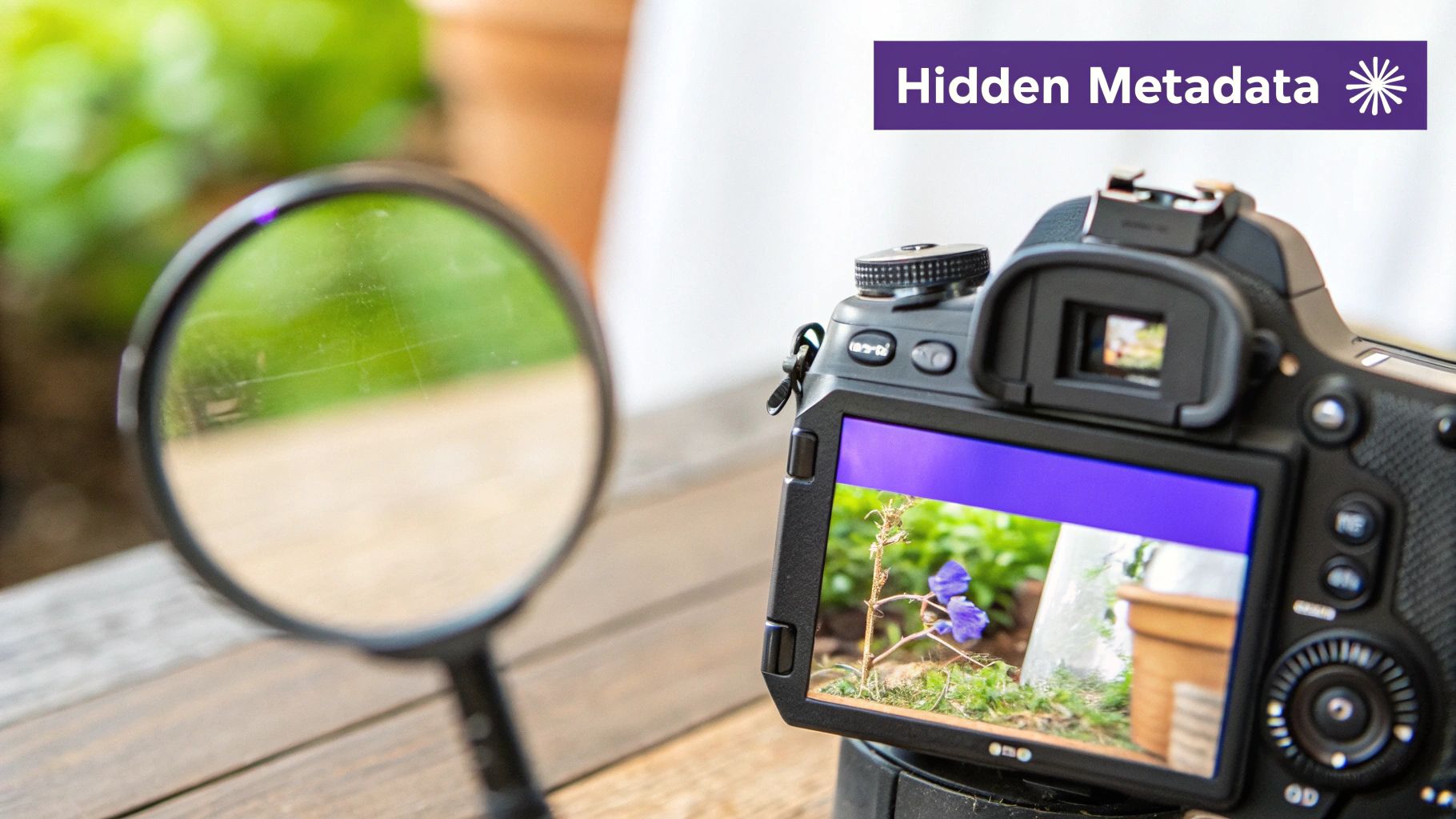 Digital camera displaying photo on LCD screen next to magnifying glass showing hidden metadata concept