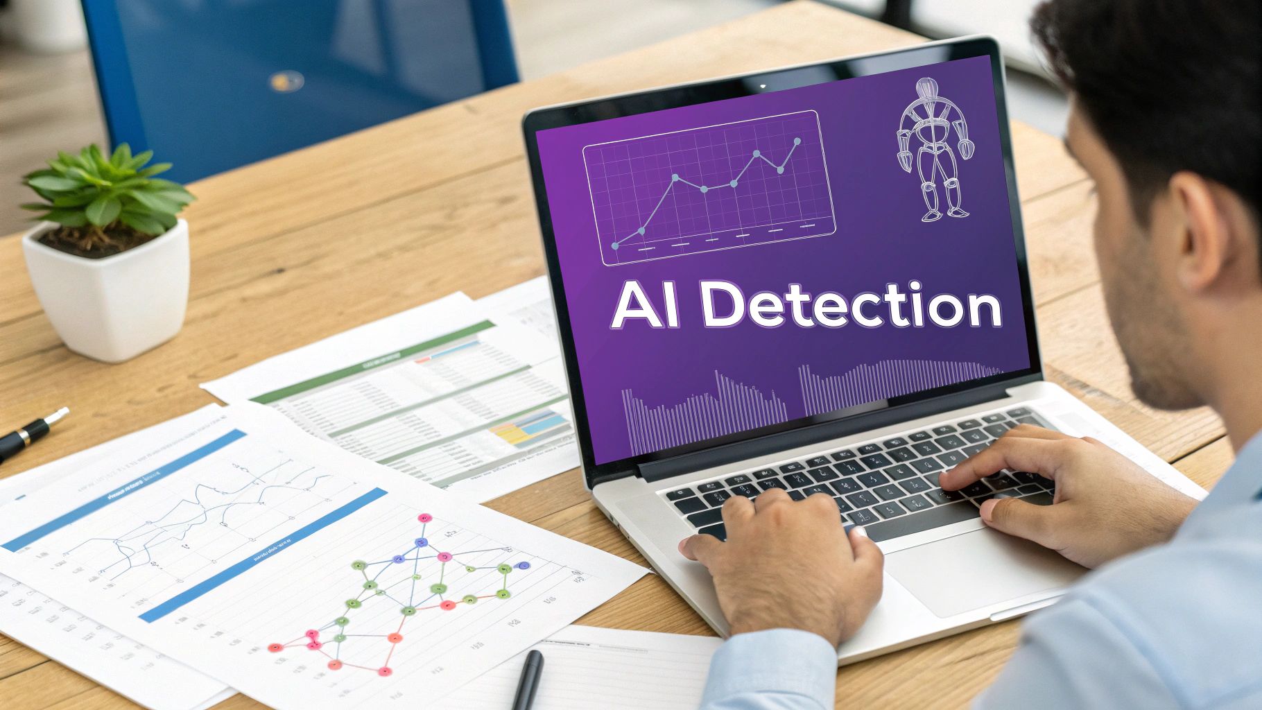 A man works on a laptop showing 'AI Detection' text, graphs, and a robot icon.