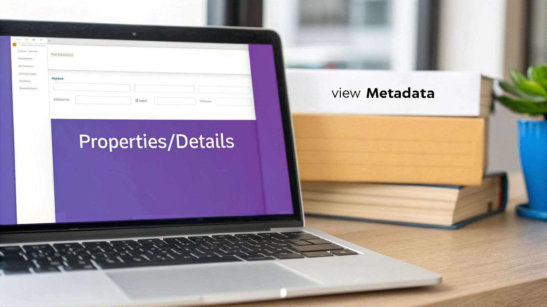 Laptop displaying 'Properties/Details' form, with books stacked, one showing 'view Metadata'.