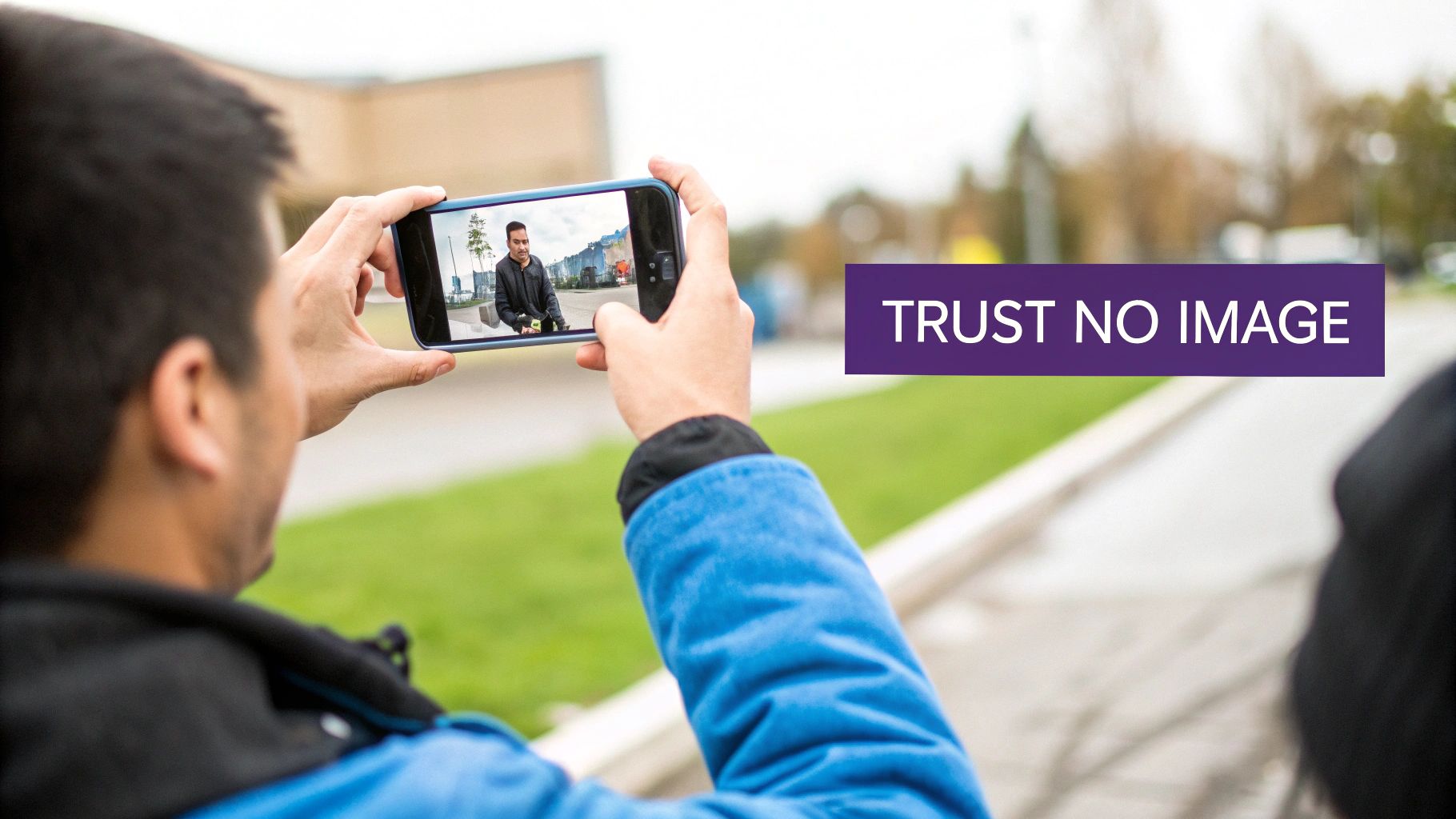 A person holds a smartphone horizontally, taking a picture of another man, with a 'TRUST NO IMAGE' banner.