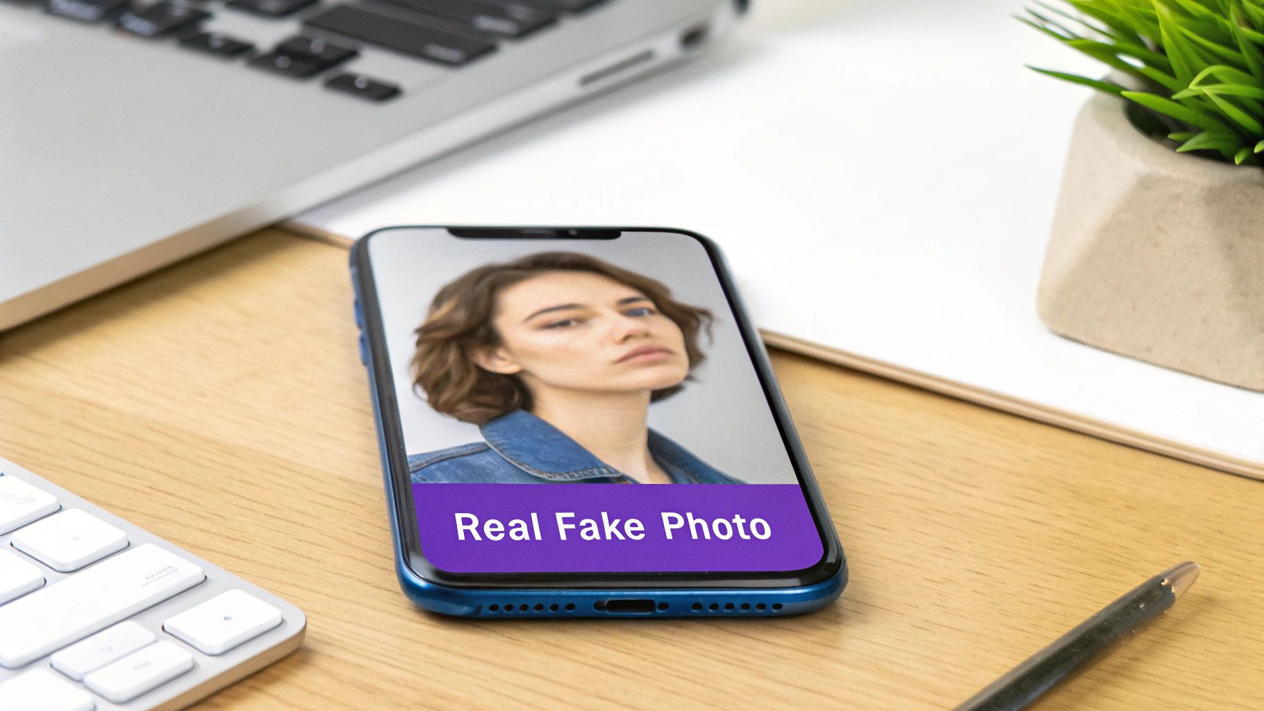 Smartphone on a desk displaying a woman's portrait with 'Real Fake Photo' text, next to a laptop.