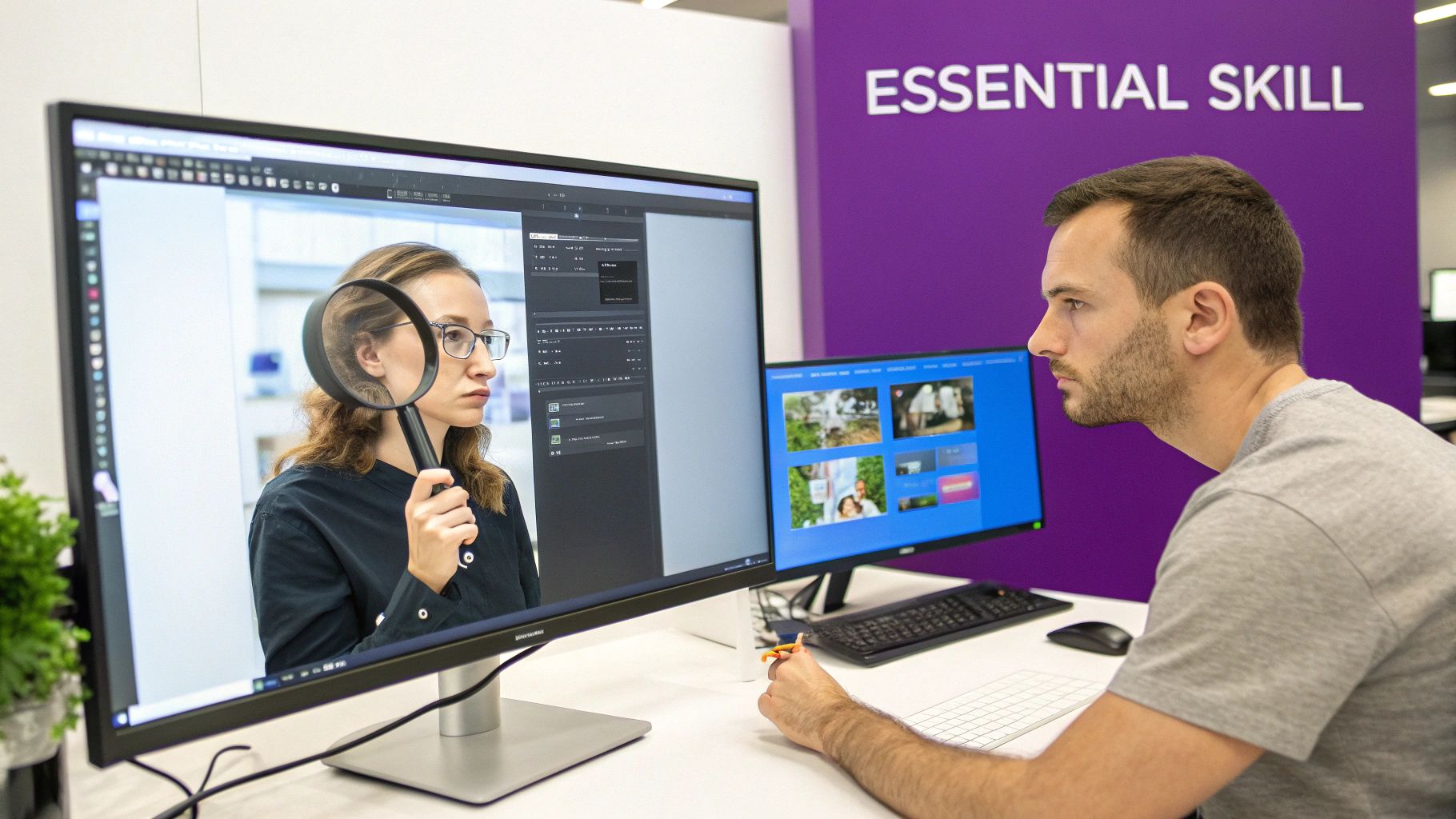 A man looking intently at a large computer screen displaying a woman holding a magnifying glass.