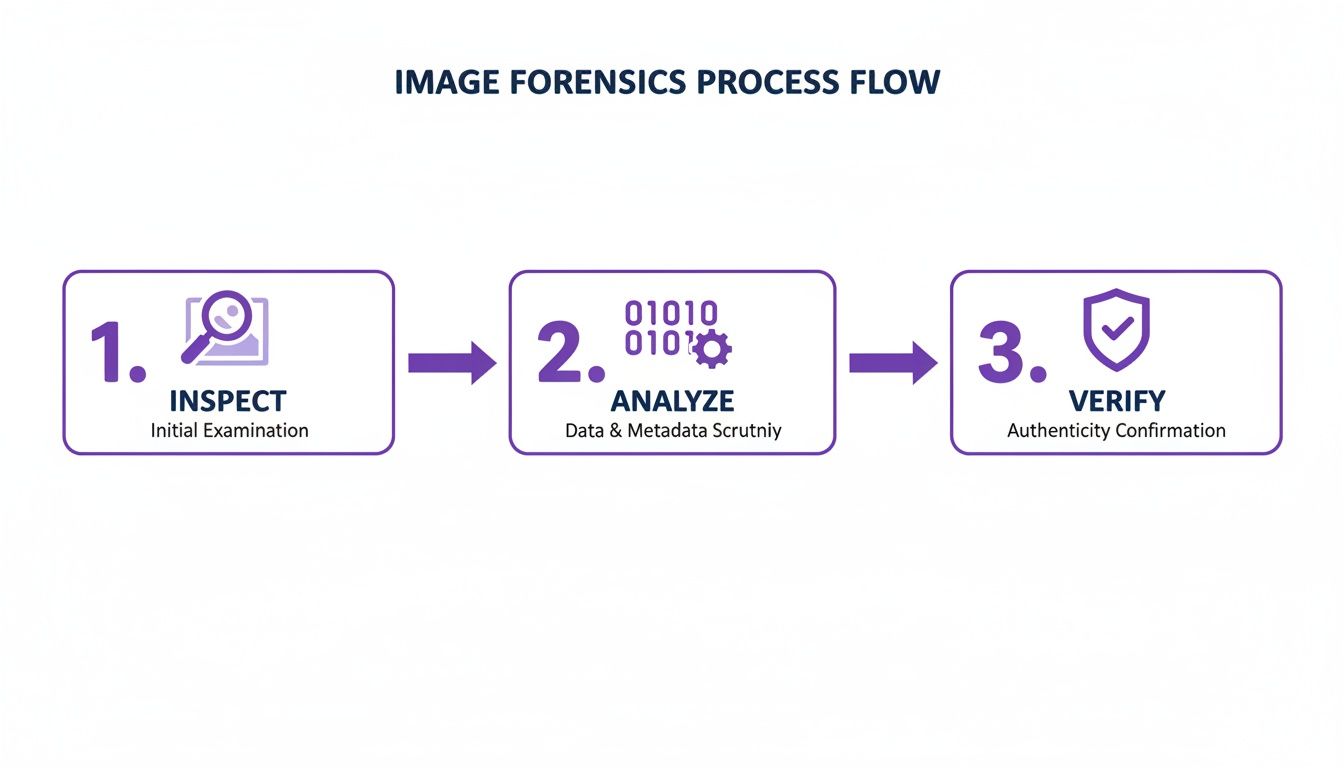 A three-step image forensics process flow diagram showing inspect, analyze, and verify stages.