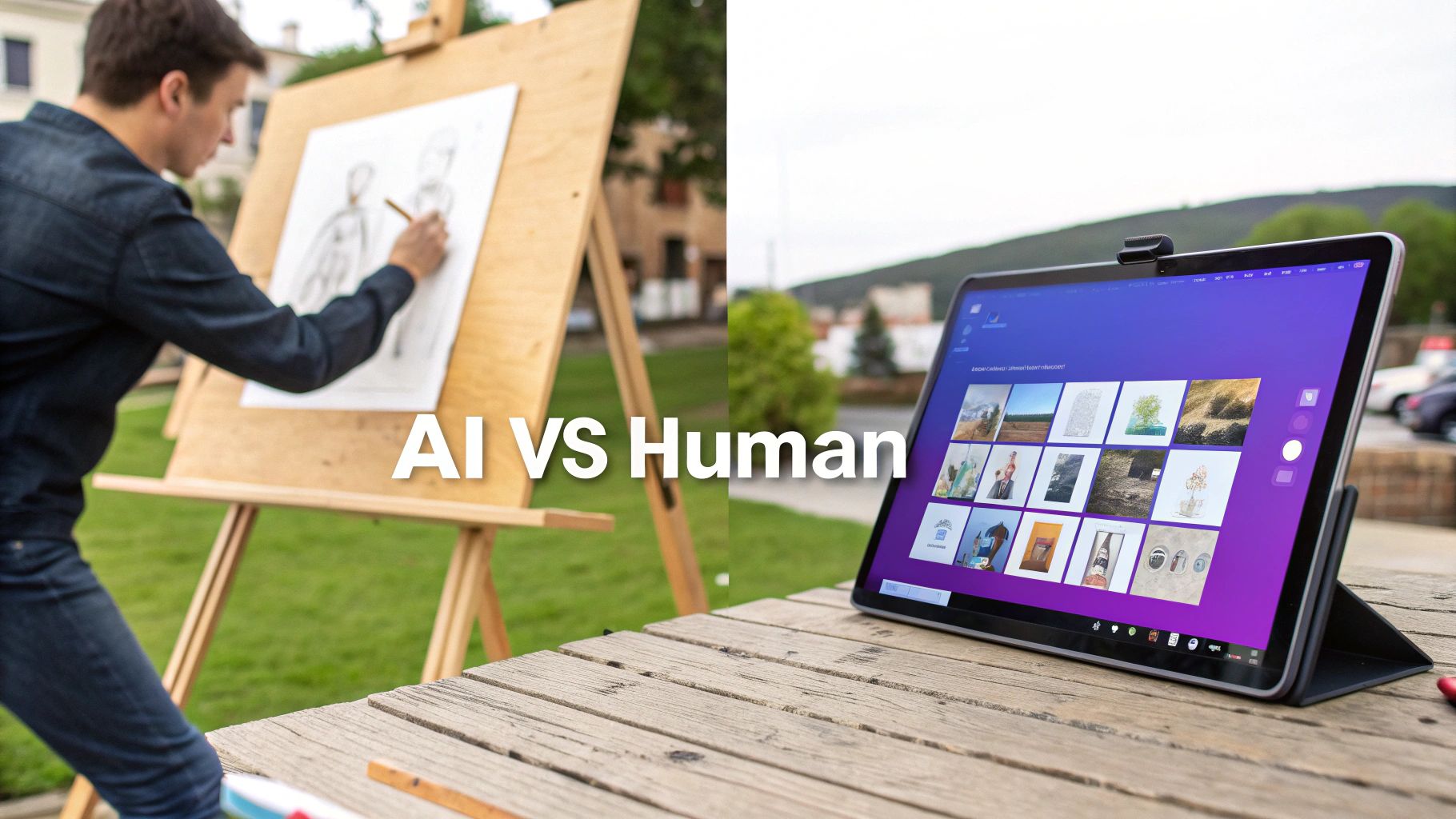 A split image showing a digital tablet on one side and a traditional painter's palette on the other, representing the choice between AI and human art.