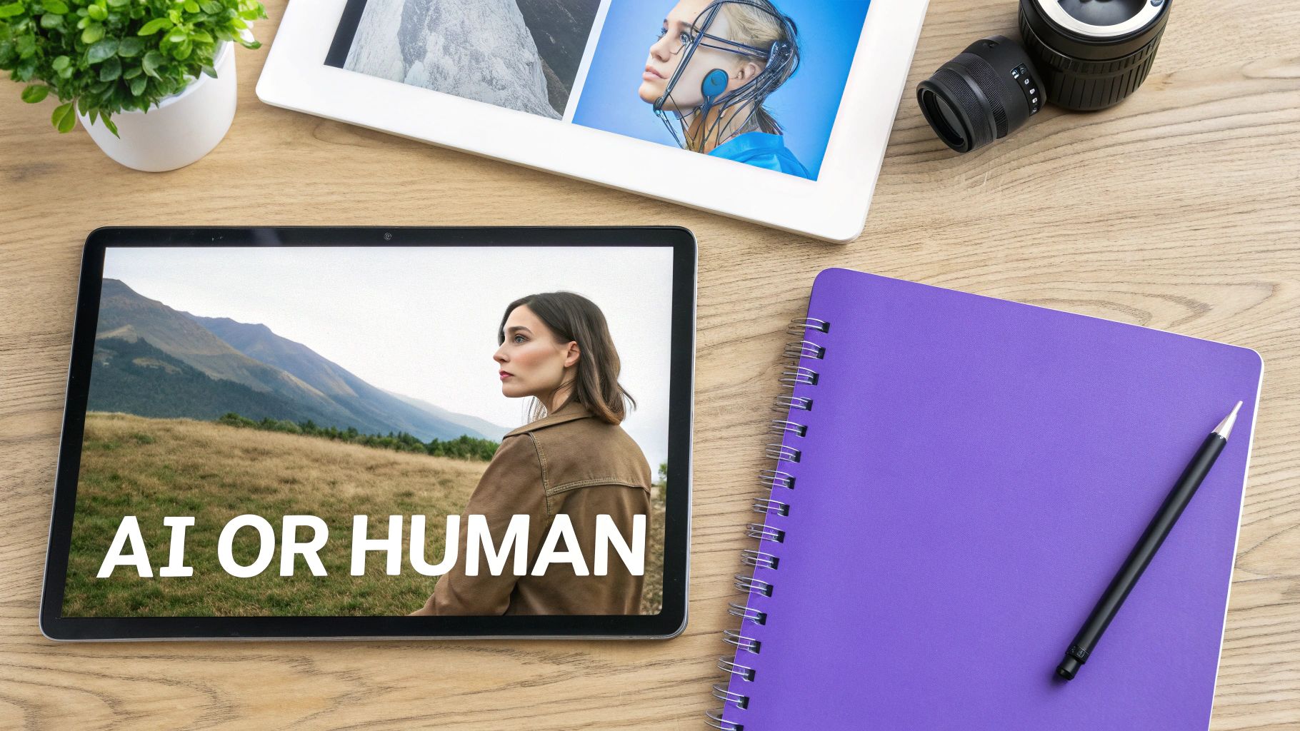 A desk flat lay with tablets showing 'AI OR HUMAN' images, a plant, and a purple notebook.