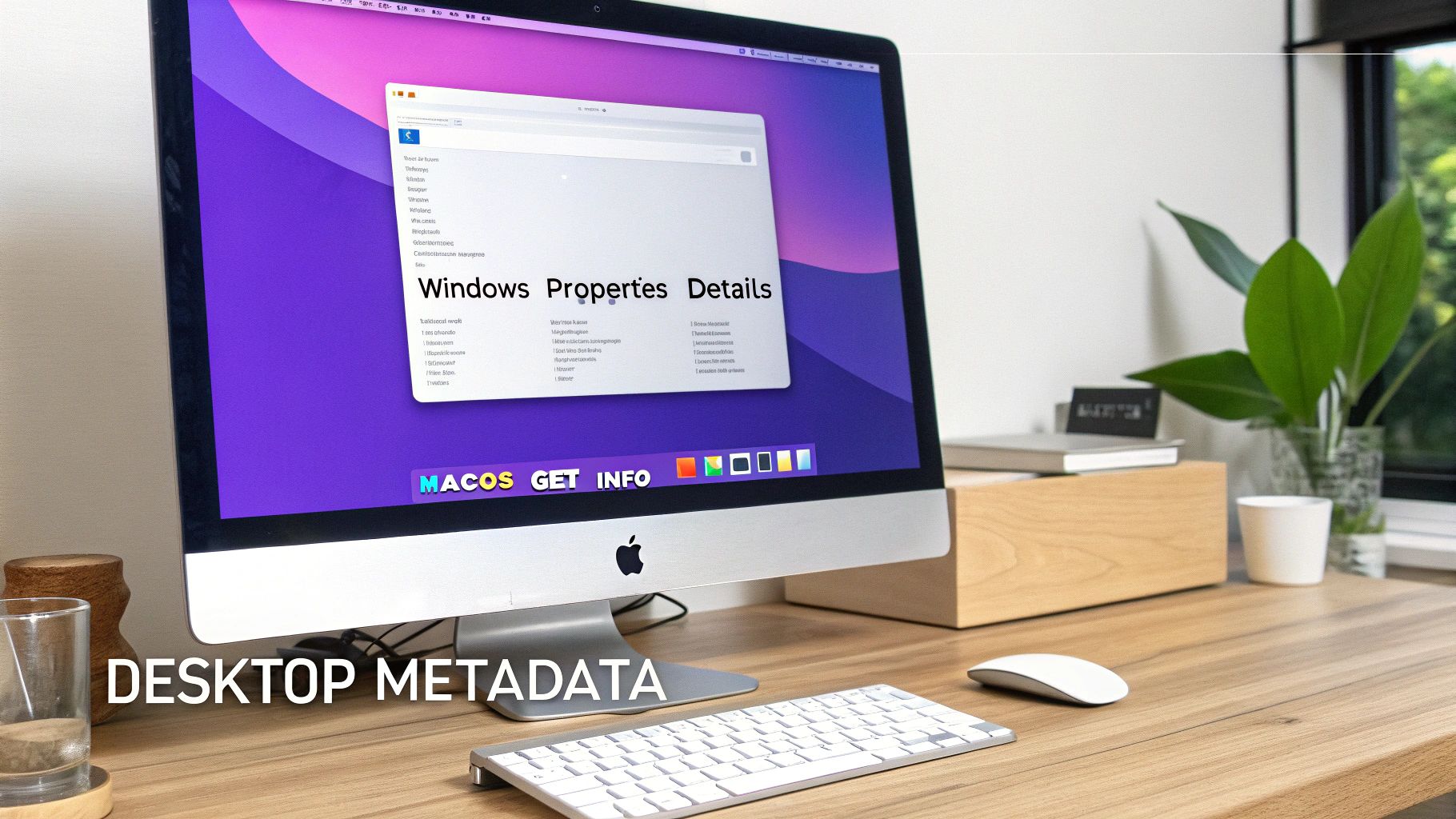 Mac computer displaying Windows properties details window showing file metadata information on desktop screen