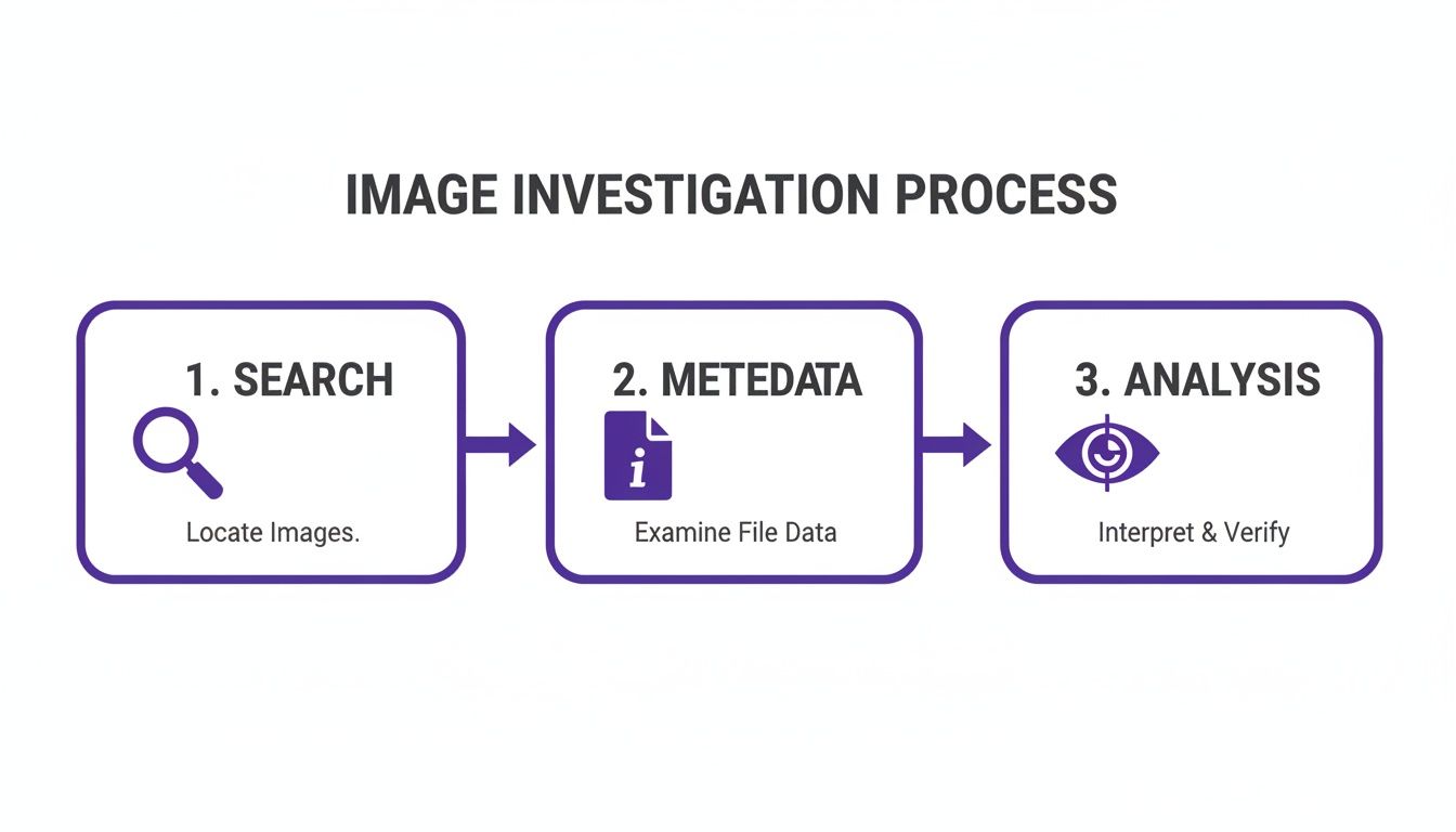 A diagram outlining the three-step image investigation process: search, metadata, and analysis.