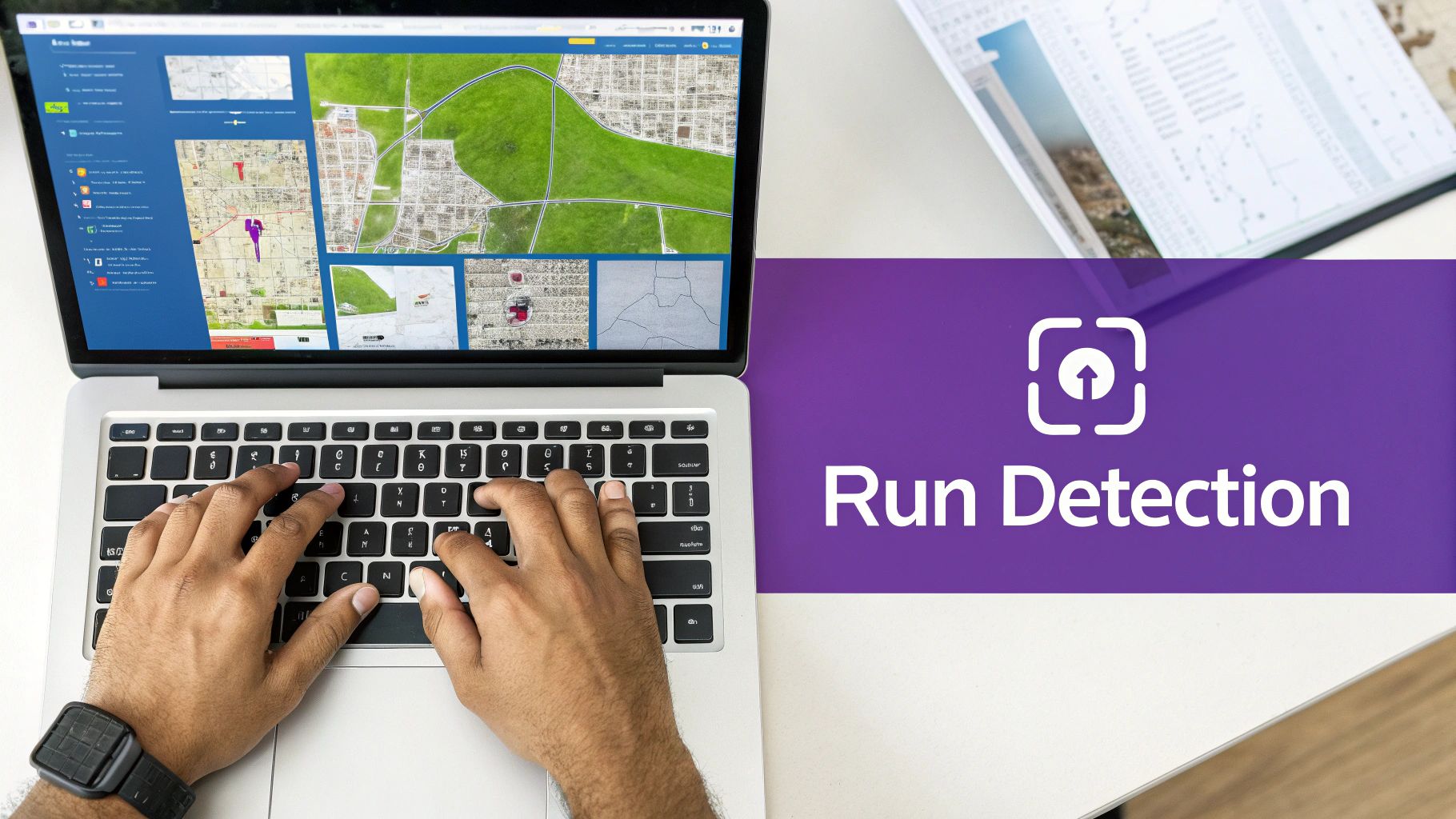 Hands typing on a laptop displaying aerial maps and data, next to a 'Run Detection' banner.
