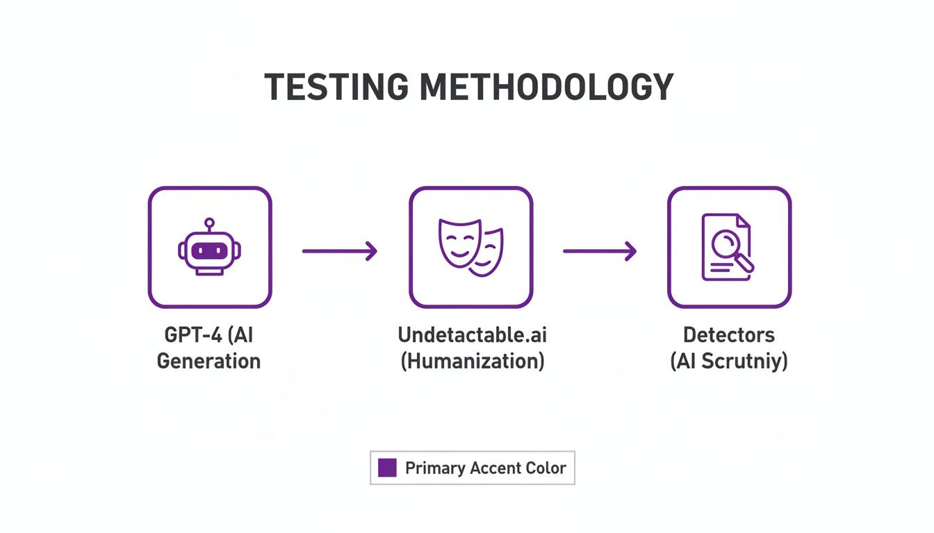 Flowchart illustrating the testing methodology: GPT-4 AI generation, Undetectable.ai humanization, and AI detection.
