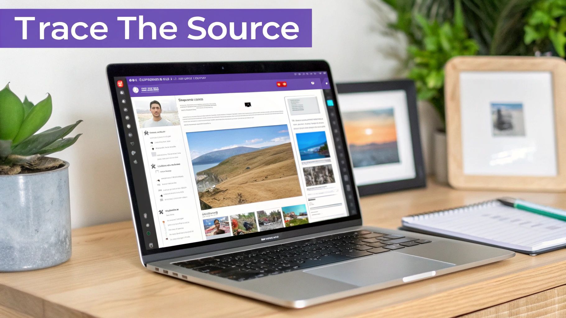 Modern laptop on a wooden desk displaying a social media feed, with office decor.