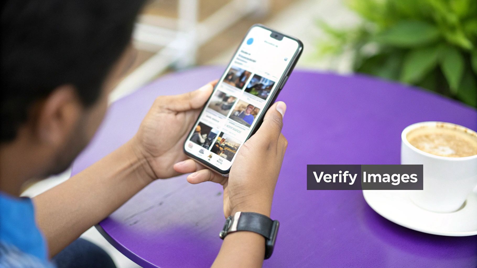 Person holds a smartphone displaying image thumbnails, sitting at a purple table with a coffee cup.