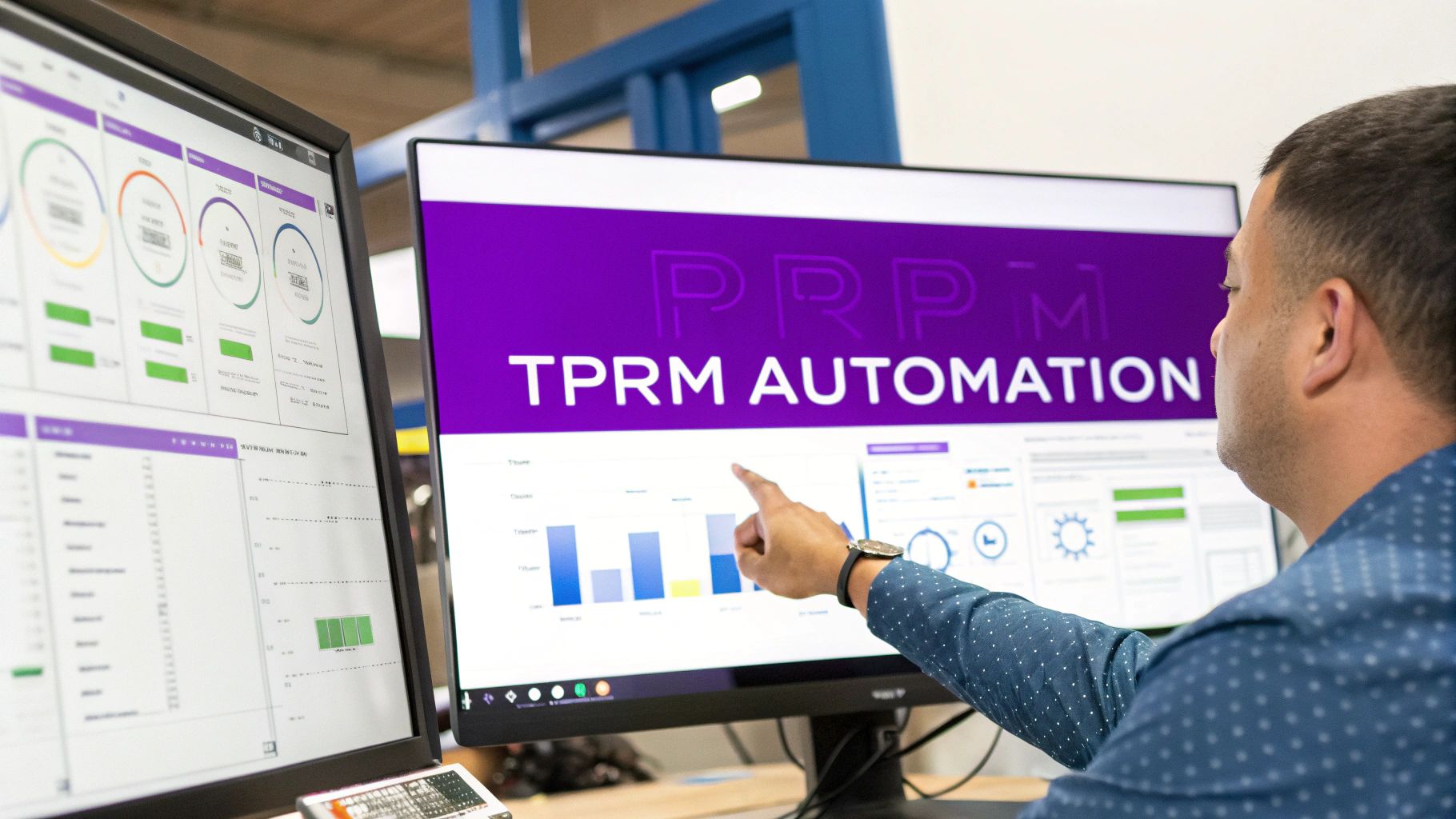 Professional analyzing TPRM automation dashboard with bar charts and performance metrics on dual monitors
