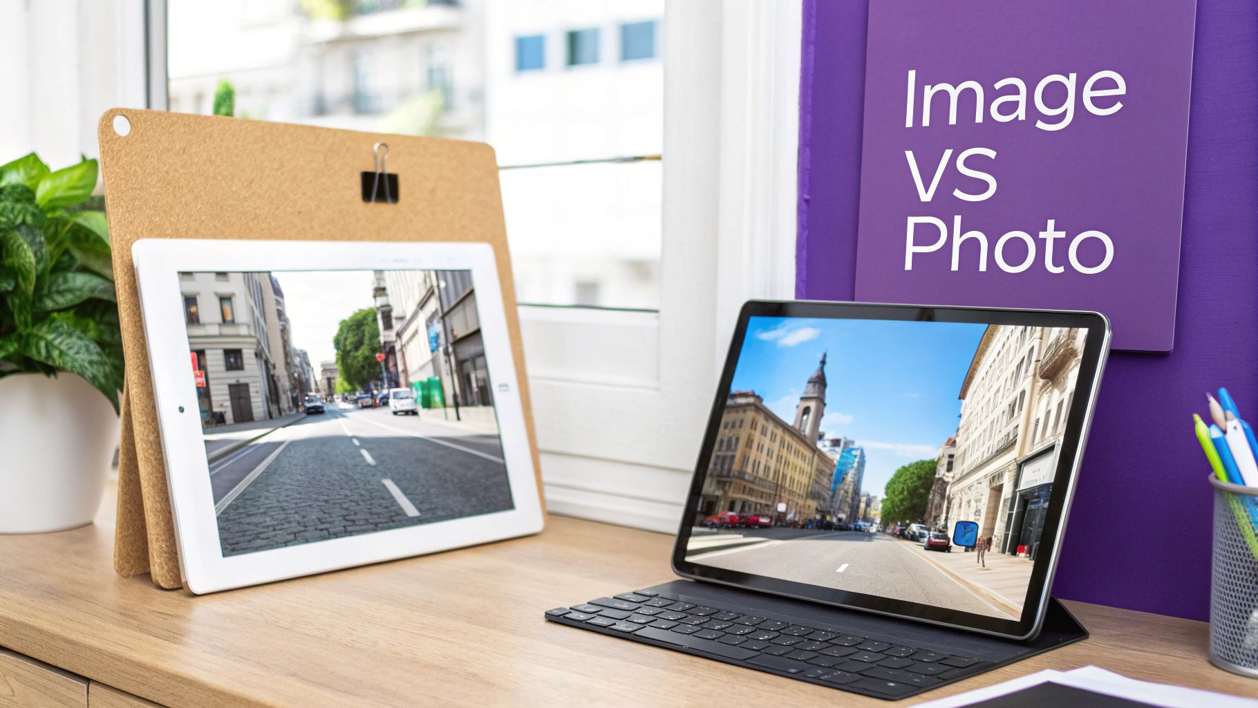 Two tablets on a wooden desk displaying contrasting city street scenes, with an 'Image VS Photo' sign.