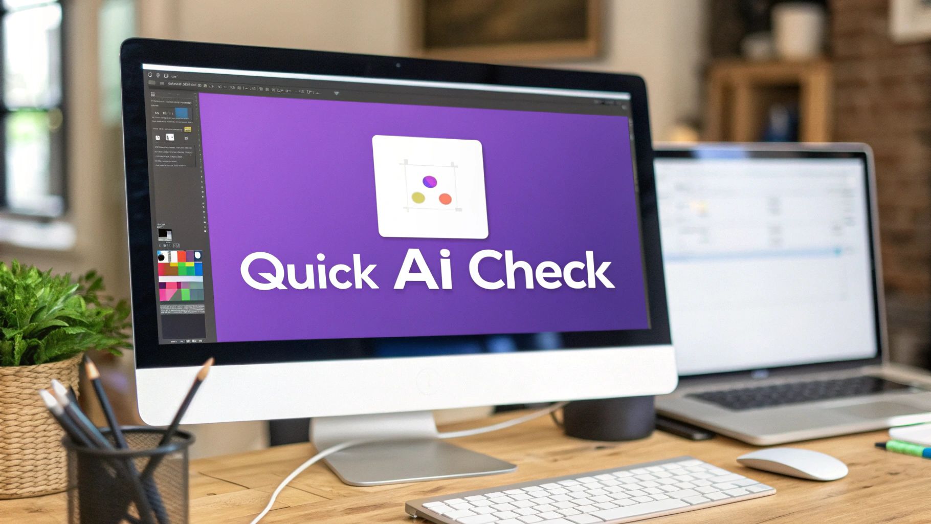 A desktop computer displaying "Quick Ai Check" software with a logo, on a wooden desk with a laptop and office supplies.