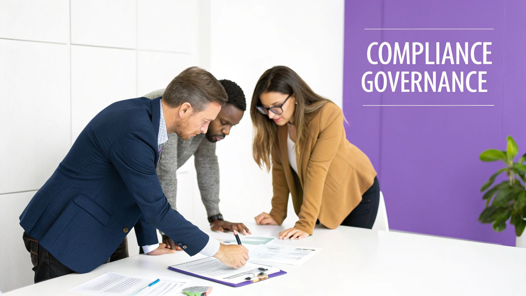 Three diverse professionals discussing documents around a table in an office, with 'COMPLIANCE GOVERNANCE' on the wall.