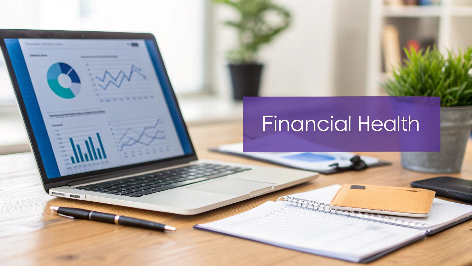 A laptop displaying financial charts and graphs, a pen, and a notebook on a wooden desk with a 'Financial Health' overlay.