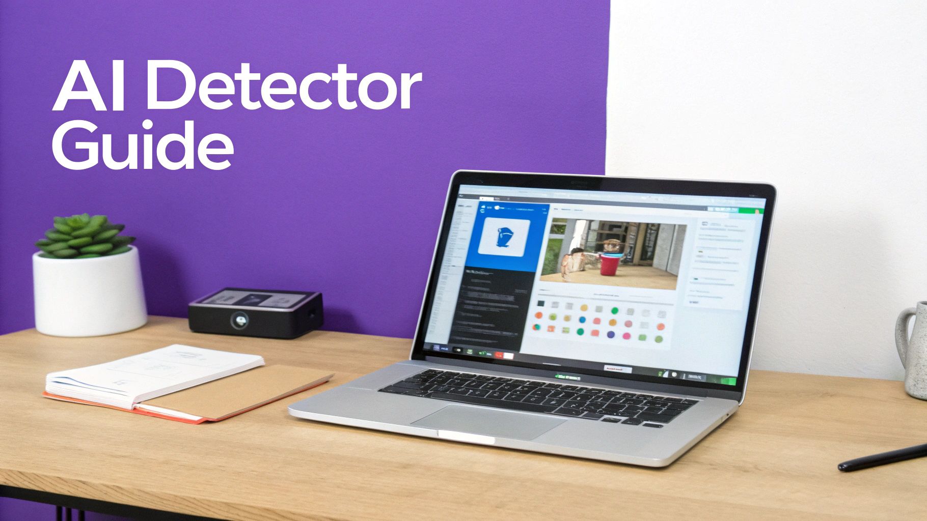 A desk setup featuring a laptop displaying an AI detector interface, with notebooks and a plant. Text reads: AI Detector Guide.