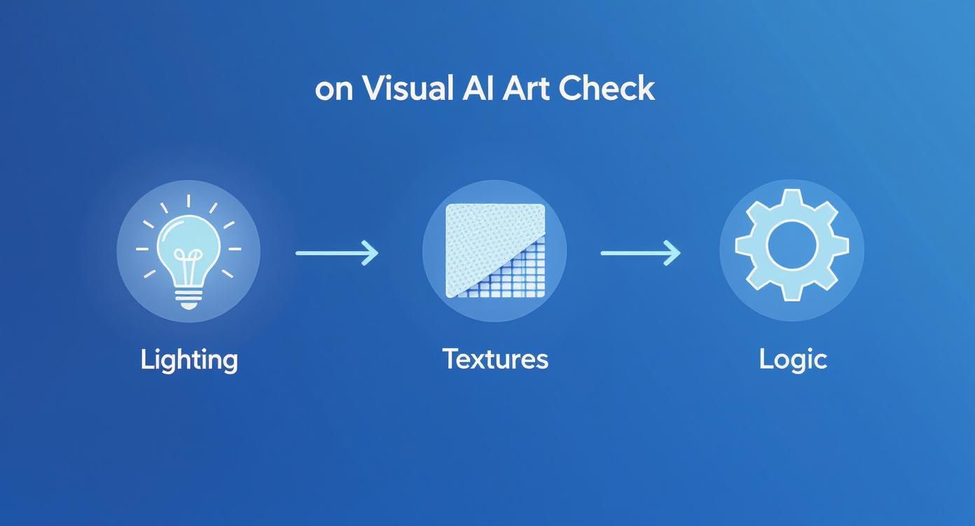 Flowchart illustrating visual AI art checking steps: Lighting, Textures, and Logic with icons.