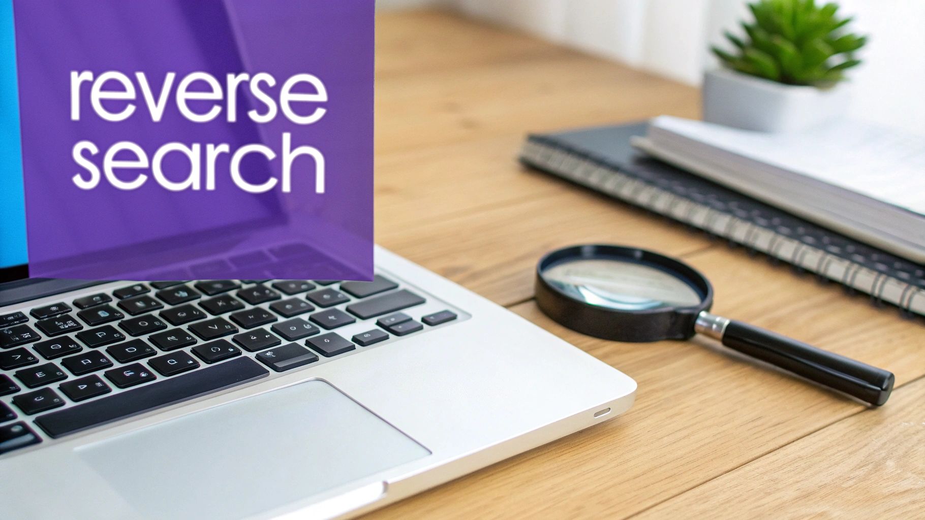 A laptop screen displays 'reverse search' with a magnifying glass and notebooks on a wooden desk.