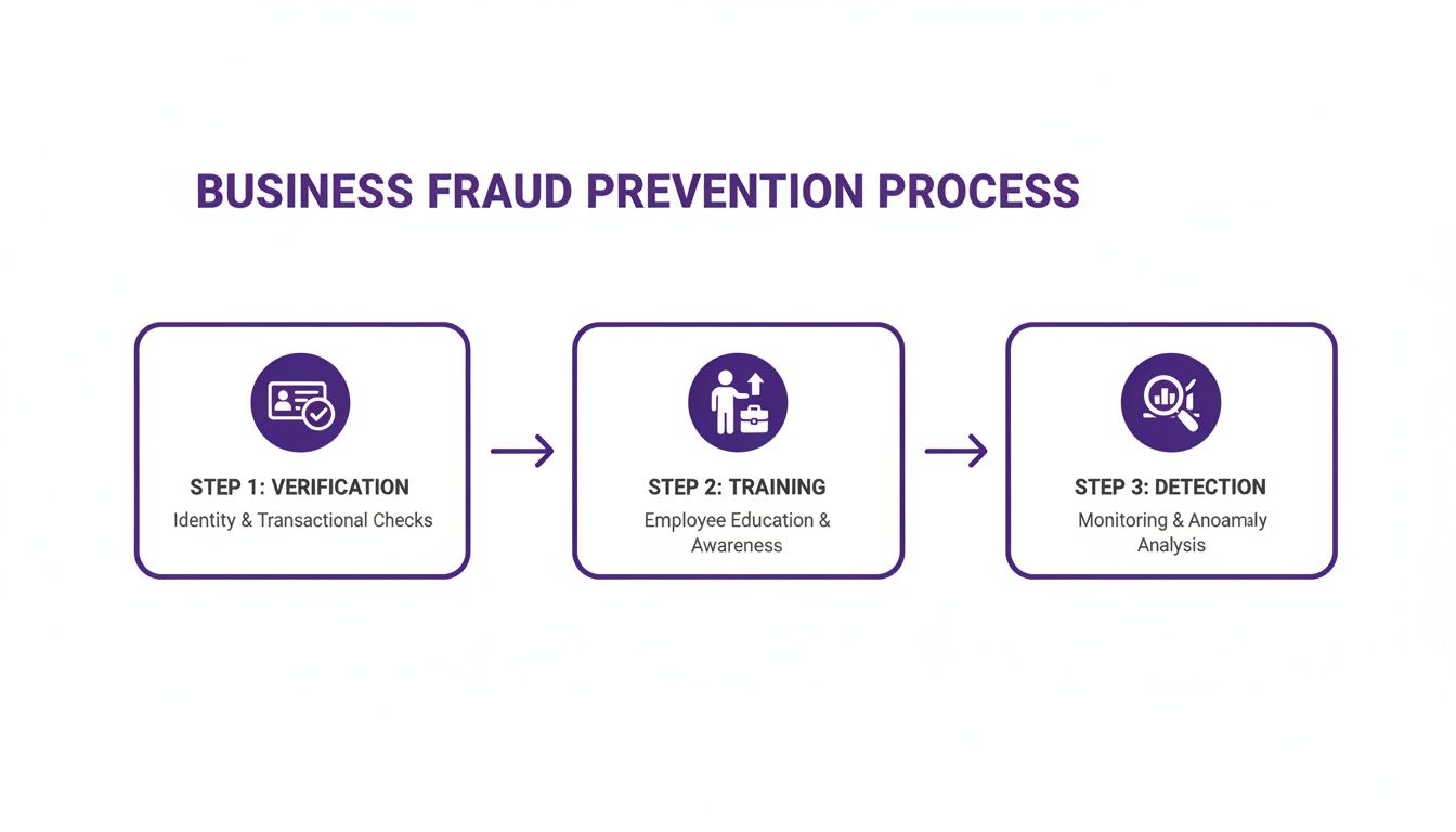 Infographic showing a three-step business fraud prevention process, including verification, training, and detection.