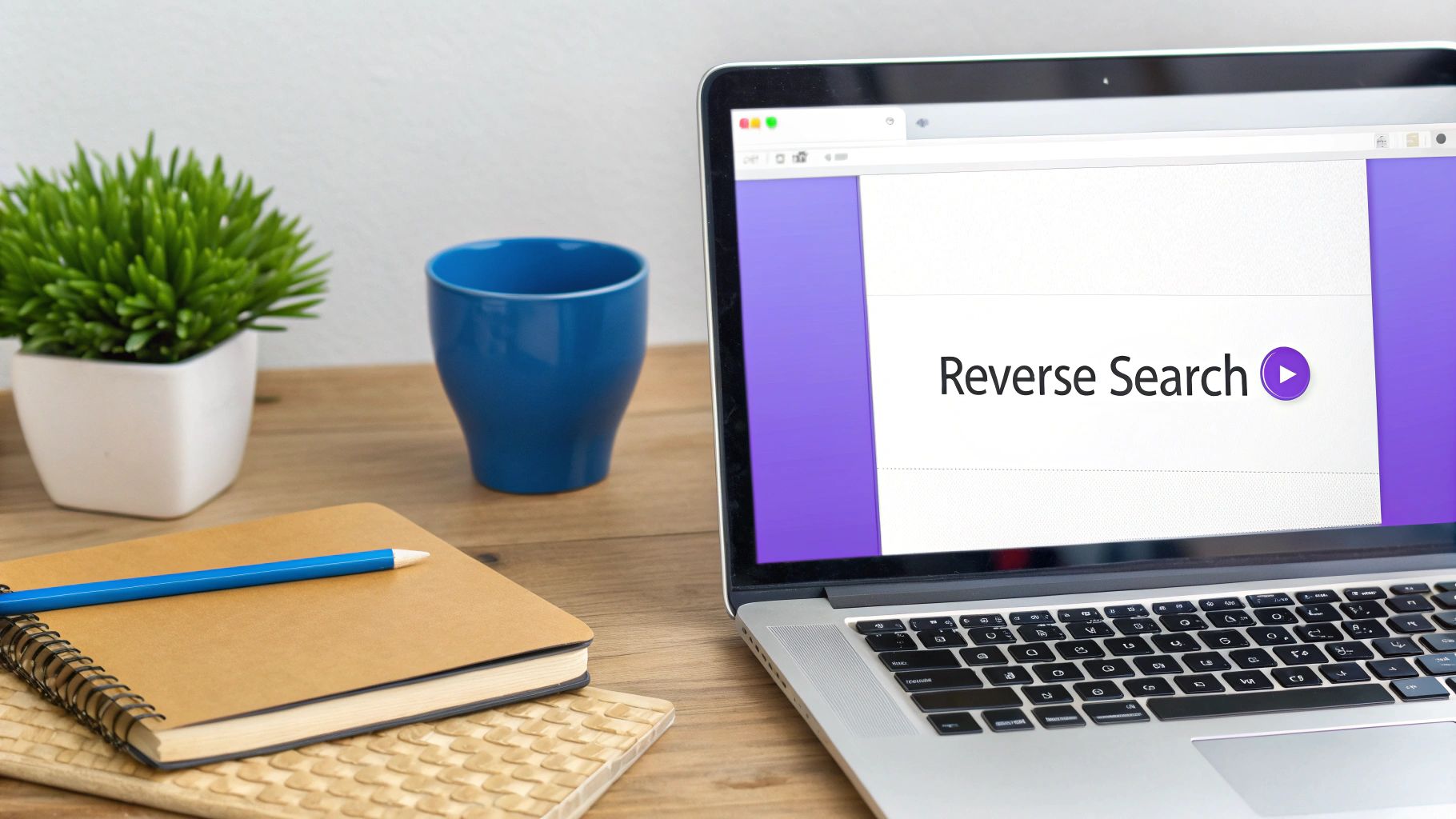 A laptop on a wooden desk displays 'Reverse Search,' alongside a plant, blue mug, and notebook with a pencil.