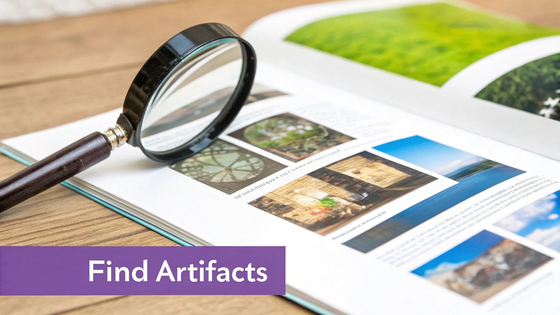 A magnifying glass rests on an open book displaying various images and text, suggesting investigation or research.
